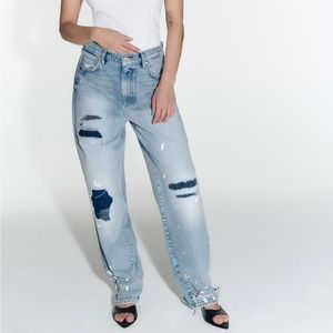 Zara ZW Mid-Rise Loose Fit Paint Splatter Jeans